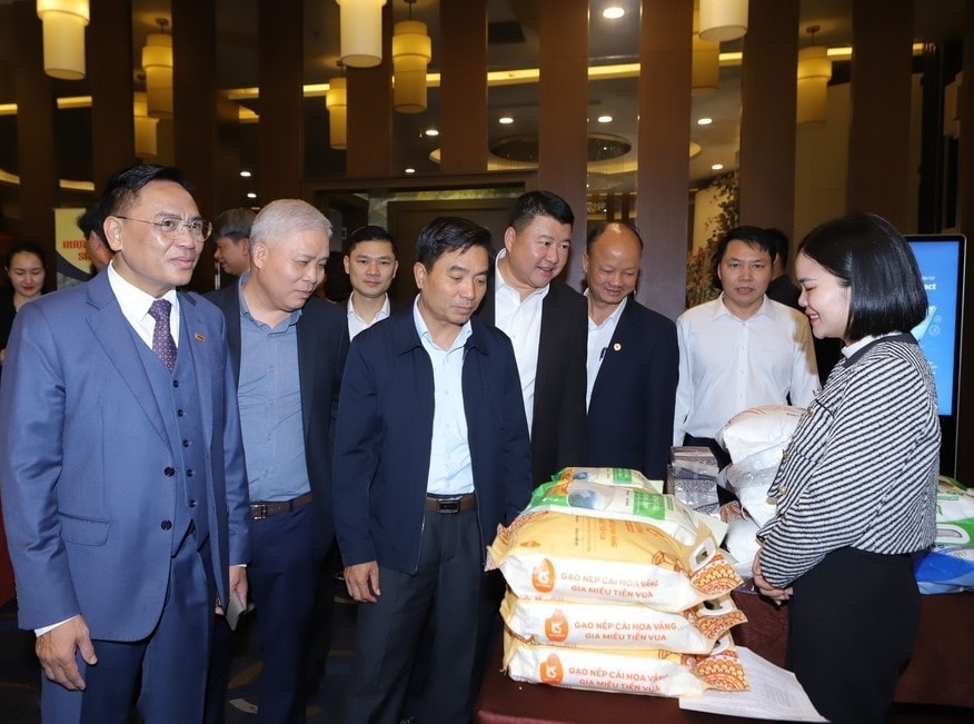 Ủy viên Trung ương Đảng, Bí thư Tỉnh ủy Thanh Hóa Nguyễn Doãn Anh cùng các đại biểu tham quan các gian hàng trưng bày sản phẩm chủ lực của tỉnh. Ảnh: Minh Hiếu