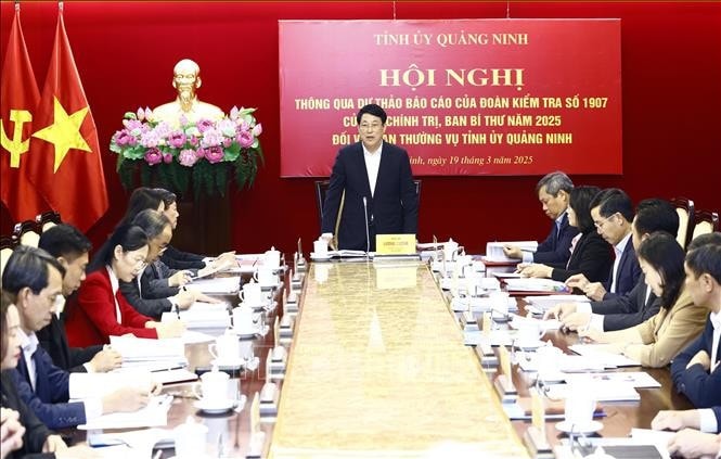 Ủy viên Bộ Chính trị, Chủ tịch nước Lương Cường, Trưởng Đoàn kiểm tra số 1907 phát biểu chỉ đạo. Ảnh: Lâm Khánh/TTXVN