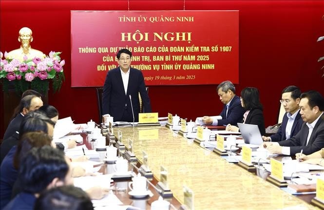 Ủy viên Bộ Chính trị, Chủ tịch nước Lương Cường, Trưởng Đoàn kiểm tra số 1907 phát biểu chỉ đạo. Ảnh: Lâm Khánh/TTXVN