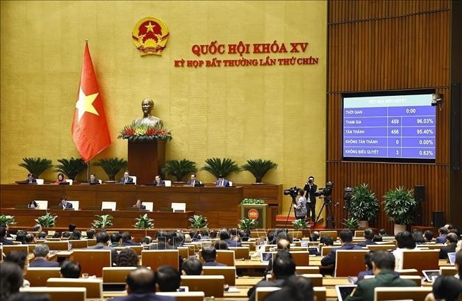 Quốc hội biểu quyết thông qua Nghị quyết của Quốc hội quy định về xử lý một số vấn đề liên quan đến sắp xếp tổ chức bộ máy nhà nước, ngày 19.2.2025. Ảnh: Doãn Tấn/TTXVN