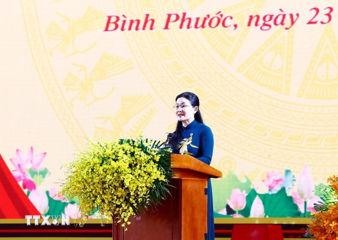 Bí thư Tỉnh ủy Bình Phước Tôn Ngọc Hạnh trình bày diễn văn kỷ niệm. Ảnh: Lâm Khánh/TTXVN