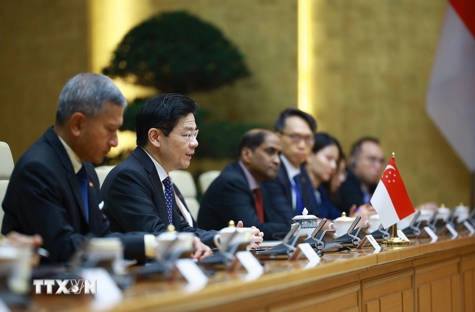 Thủ tướng Cộng hòa Singapore Lawrence Wong phát biểu tại hội đàm. Ảnh: Dương Giang/TTXVN