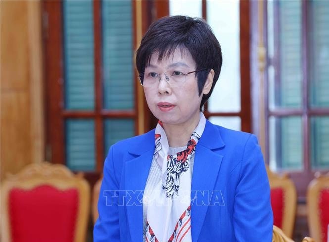 Bí thư Đảng ủy, Tổng Giám đốc, Chủ tịch Liên chi hội Nhà báo Thông tấn xã Việt Nam Vũ Việt Trang phát biểu tại buổi làm việc. Ảnh: Phương Hoa/TTXVN
