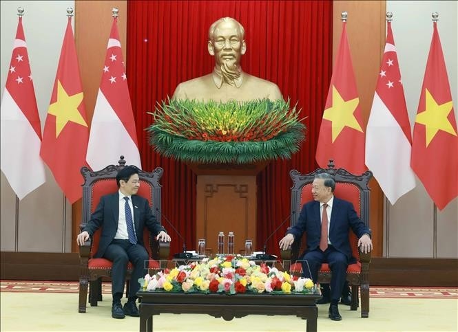 Tổng Bí thư Tô Lâm tiếp Thủ tướng Singapore Lawrence Wong. Ảnh: Thống Nhất/TTXVN