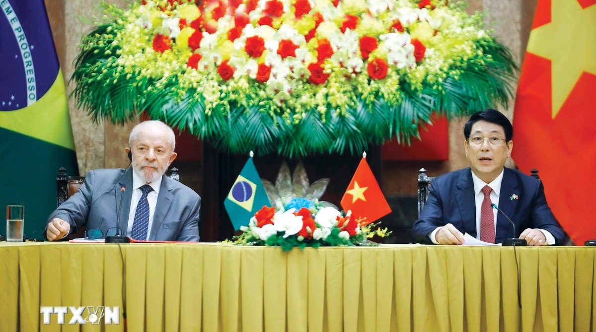 Chủ tịch nước Lương Cường và Tổng thống Cộng hòa Liên bang Brazil Luiz Inácio Lula da Silva gặp gỡ phóng viên các cơ quan thông tấn, báo chí. Ảnh: Lâm Khánh/TTXVN