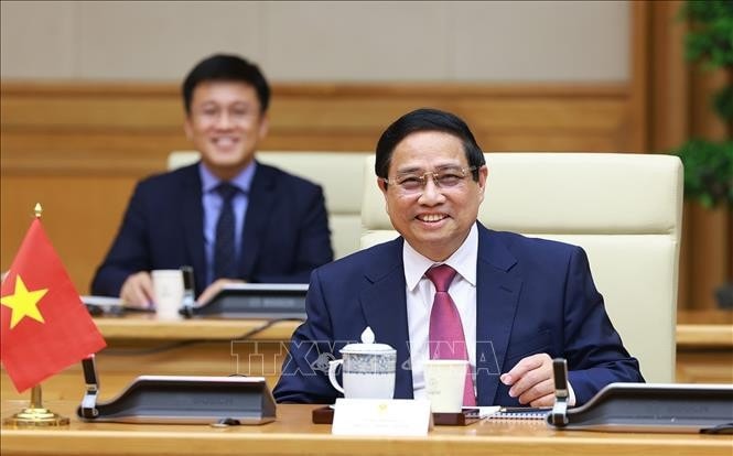 Thủ tướng Phạm Minh Chính phát biểu tại cuộc hội kiến. Ảnh: Dương Giang/TTXVN