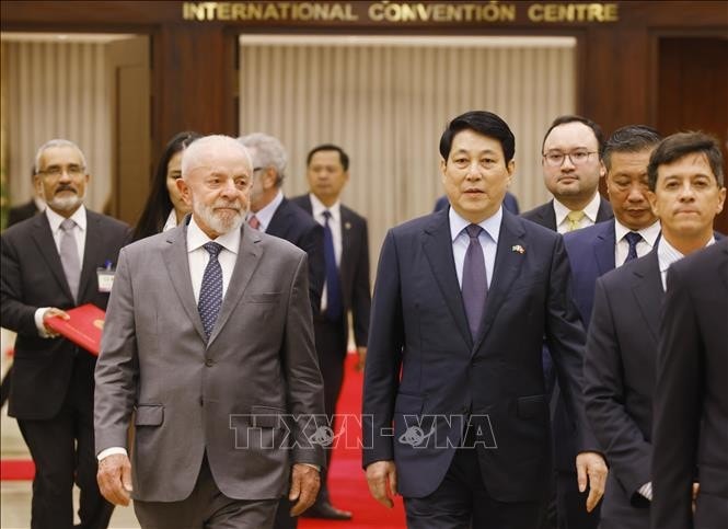 Chủ tịch nước Lương Cường và Tổng thống Cộng hòa Liên bang Brazil Luiz Inácio Lula da Silva dự tiệc chiêu đãi. Ảnh: Lâm Khánh/TTXVN
