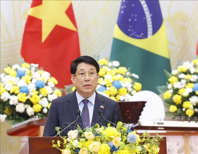 Chủ tịch nước Lương Cường phát biểu chào mừng Tổng thống Cộng hòa Liên bang Brazil Luiz Inácio Lula da Silva. Ảnh: Lâm Khánh/TTXVN