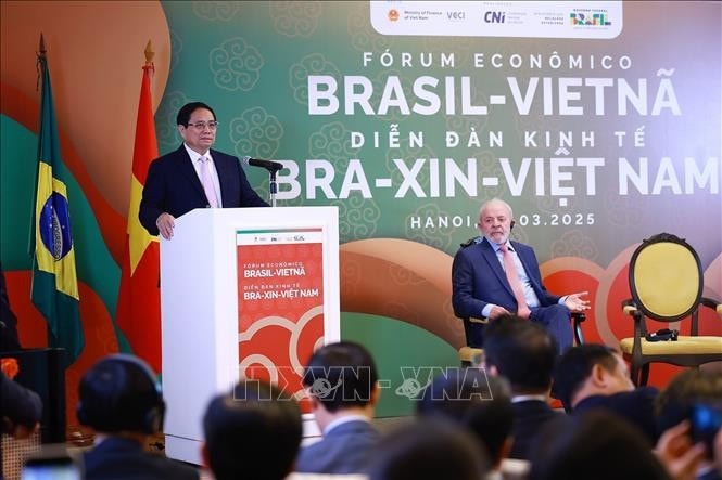 Thủ tướng Phạm Minh Chính phát biểu tại Diễn đàn kinh tế Việt Nam - Brazil. Ảnh: Dương Giang/TTXVN