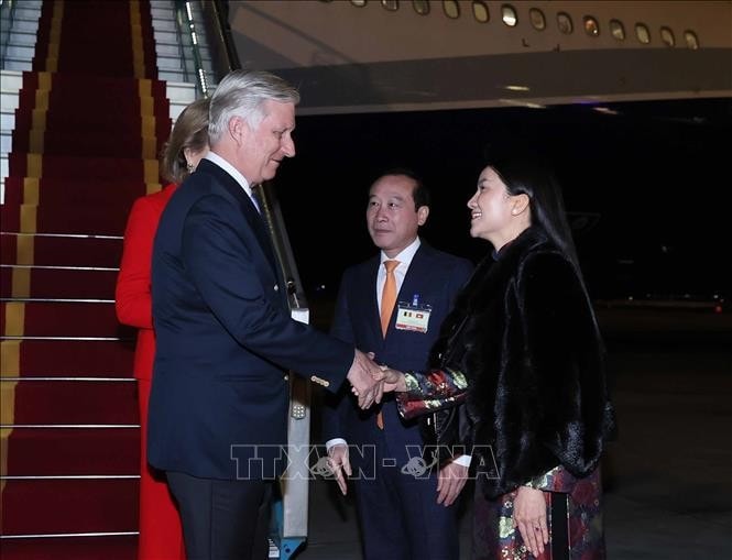 Đại biểu đón Nhà vua Bỉ Philippe và Hoàng hậu Mathilde tại sân bay quốc tế Nội Bài. Ảnh: An Đăng/TTXVN