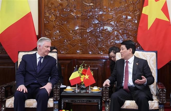 Chủ tịch nước Lương Cường và Nhà Vua Vương quốc Bỉ Philippe gặp hẹp. Ảnh: Lâm Khánh/TTXVN