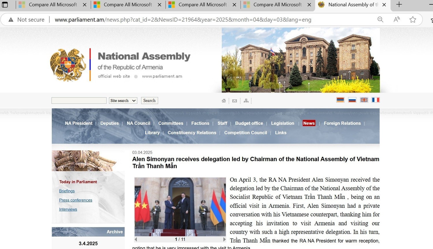 Trang web Quốc hội Armenia đưa tin về cuộc hội đàm giữa Chủ tịch Quốc hội Chủ tịch Quốc hội Trần Thanh Mẫn và Chủ tịch Quốc hội Cộng hòa Armenia Alen Simonyan