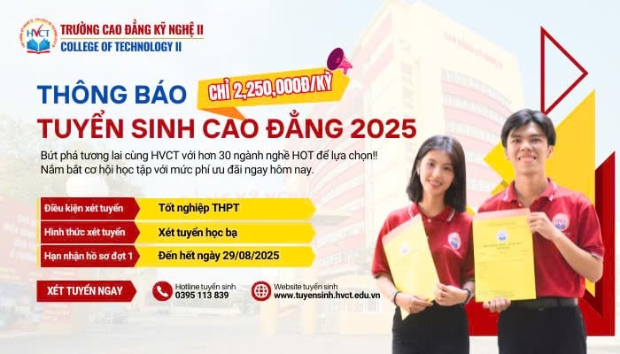Trường Cao đẳng Kỹ Nghệ II hiện có 30 ngành đào tạo, thí sinh có thể xét tuyển học bạ lớp 12, hoặc xét điểm thi tốt nghiệp Trung học phổ thông