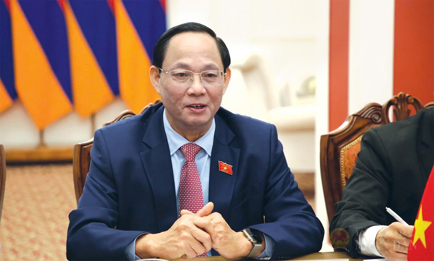 Phó Chủ tịch Quốc hội Trần Quang Phương phát biểu tại cuộc làm việc với Phó Chủ tịch thứ nhất Quốc hội Armenia Hakob Arshakyan. Ảnh: Lam Giang