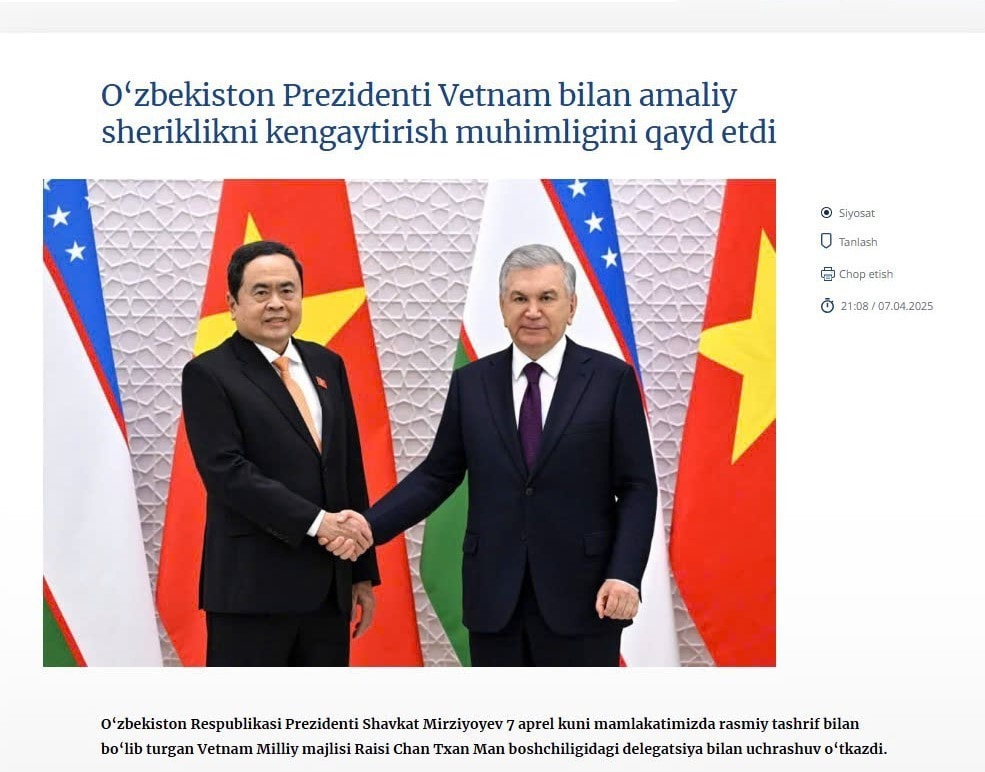 Hãng thông tấn Uzbekistan trích lời Tổng thống Shavkat Mirziyoyev khẳng định muốn phát triển mối quan hệ thực chất với Việt Nam.