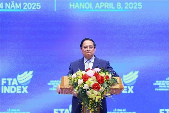 Thủ tướng Phạm Minh Chính phát biểu tại Lễ công bố Bộ chỉ số đánh giá kết quả thực hiện các hiệp định thương mại tự do (FTA INDEX) của các địa phương năm 2024. Ảnh: Dương Giang/TTXVN