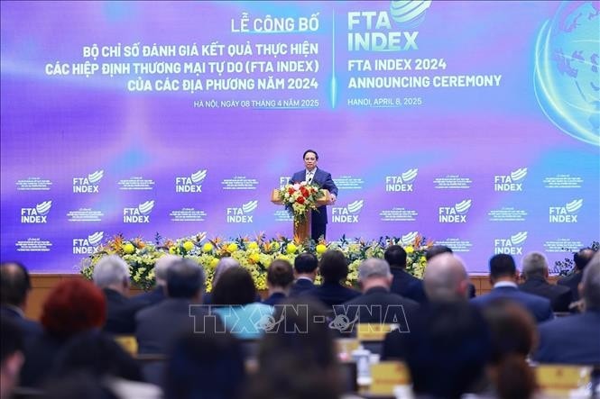 Thủ tướng Phạm Minh Chính phát biểu tại Lễ công bố Bộ chỉ số đánh giá kết quả thực hiện các hiệp định thương mại tự do (FTA INDEX) của các địa phương năm 2024. Ảnh: Dương Giang/TTXVN
