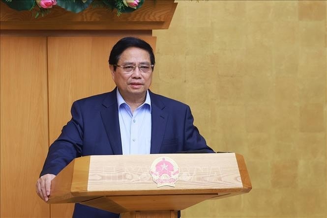 Thủ tướng Phạm Minh Chính chủ trì Phiên họp Chính phủ chuyên đề về xây dựng pháp luật tháng 4.2025. Ảnh: Dương Giang/TTXVN