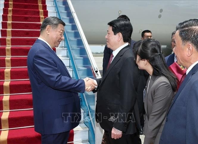 Ủy viên Bộ Chính trị, Chủ tịch nước Cộng hòa xã hội chủ nghĩa Việt Nam Lương Cường đón Tổng Bí thư, Chủ tịch nước Trung Quốc Tập Cận Bình tại Sân bay quốc tế Nội Bài. Ảnh: TTXVN