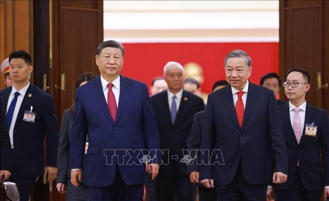 Tổng Bí thư Tô Lâm và Tổng Bí thư, Chủ tịch nước Trung Quốc Tập Cận Bình tới Trụ sở Trung ương Đảng. Ảnh: Dương Giang/TTXVN