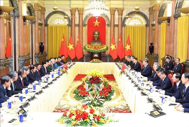 Chủ tịch nước Lương Cường hội đàm với Tổng Bí thư, Chủ tịch nước Trung Quốc Tập Cận Bình. Ảnh: Lâm Khánh/TTXVN