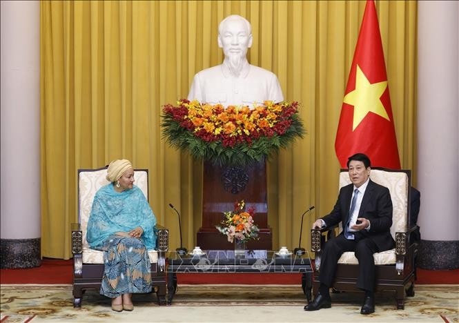 Chủ tịch nước Lương Cường tiếp Phó Tổng Thư ký Liên Hợp Quốc Amina Mohammed. Ảnh: Lâm Khánh/TTXVN