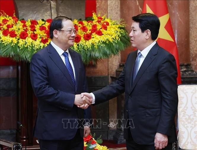 Chủ tịch nước Lương Cường tiếp Thủ tướng Lào Sonexay Siphandone. Ảnh: Lâm Khánh/TTXVN