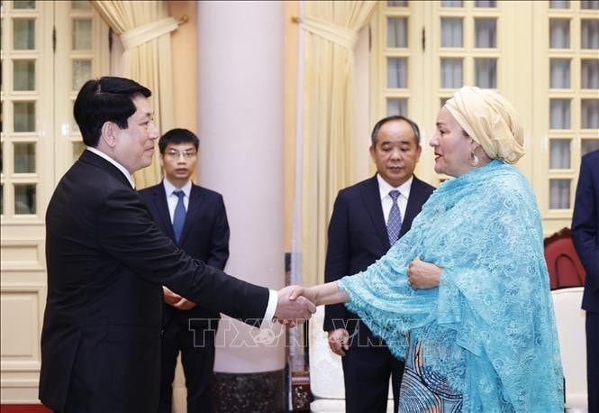 Chủ tịch nước Lương Cường tiếp Phó Tổng Thư ký Liên Hợp Quốc Amina Mohammed. Ảnh: Lâm Khánh/TTXVN