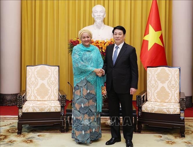 Chủ tịch nước Lương Cường tiếp Phó Tổng Thư ký Liên Hợp Quốc Amina Mohammed. Ảnh: Lâm Khánh/TTXVN