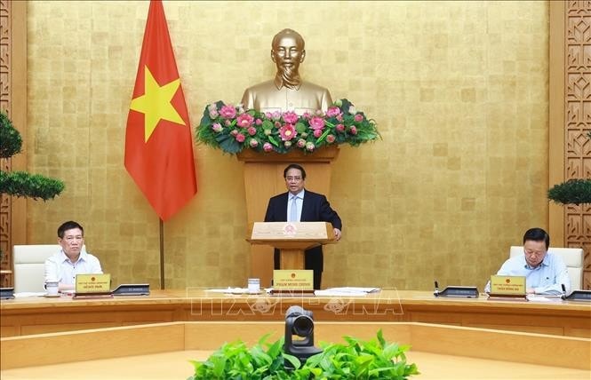 Thủ tướng Phạm Minh Chính chủ trì Phiên họp Chính phủ chuyên đề về xây dựng pháp luật tháng 4. Ảnh: Dương Giang/TTXVN