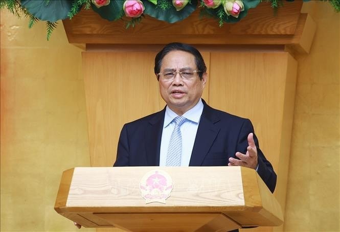 Thủ tướng Phạm Minh Chính chủ trì Phiên họp Chính phủ chuyên đề về xây dựng pháp luật tháng 4. Ảnh: Dương Giang/TTXVN