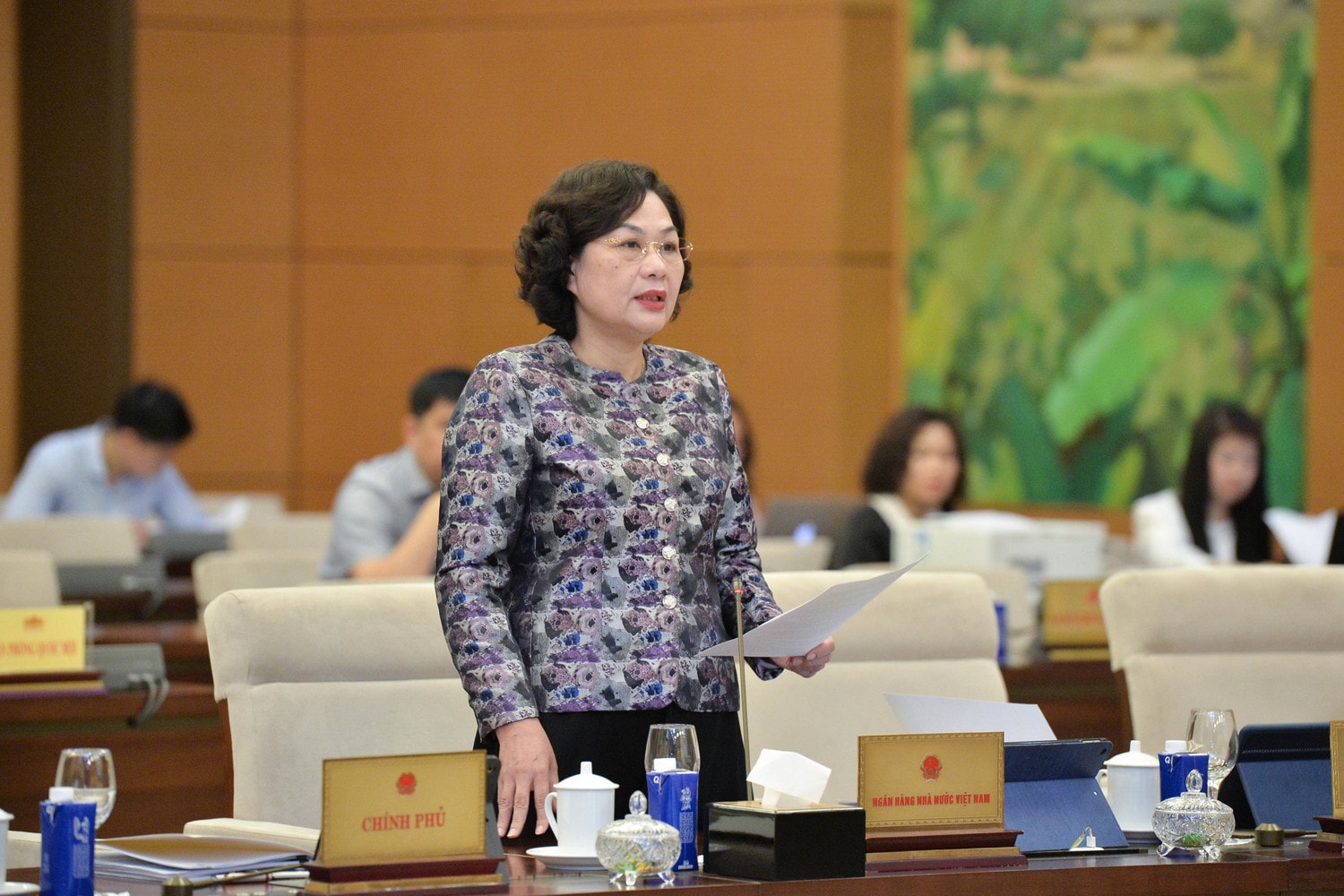 Thống đốc Ngân hàng Nhà nước Việt Nam Nguyễn Thị Hồng trình bày Tờ trình dự án Luật. Ảnh: Hồ Long