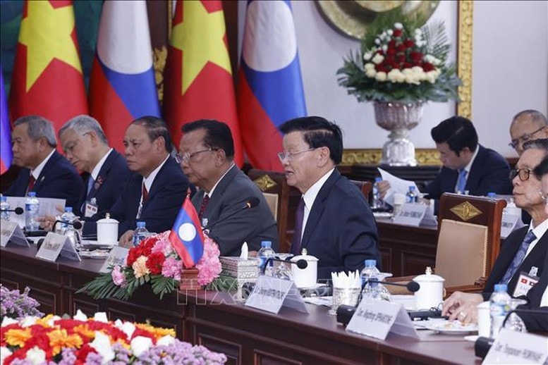 Tổng Bí thư, Chủ tịch nước Lào phát biểu tại hội đàm. Ảnh: TTXVN