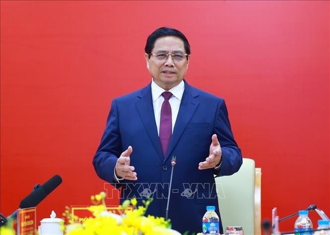 Thủ tướng Phạm Minh Chính phát biểu tại buổi làm việc với Học viện Công nghệ Bưu chính Viễn thông. Ảnh: Dương Giang/TTXVN