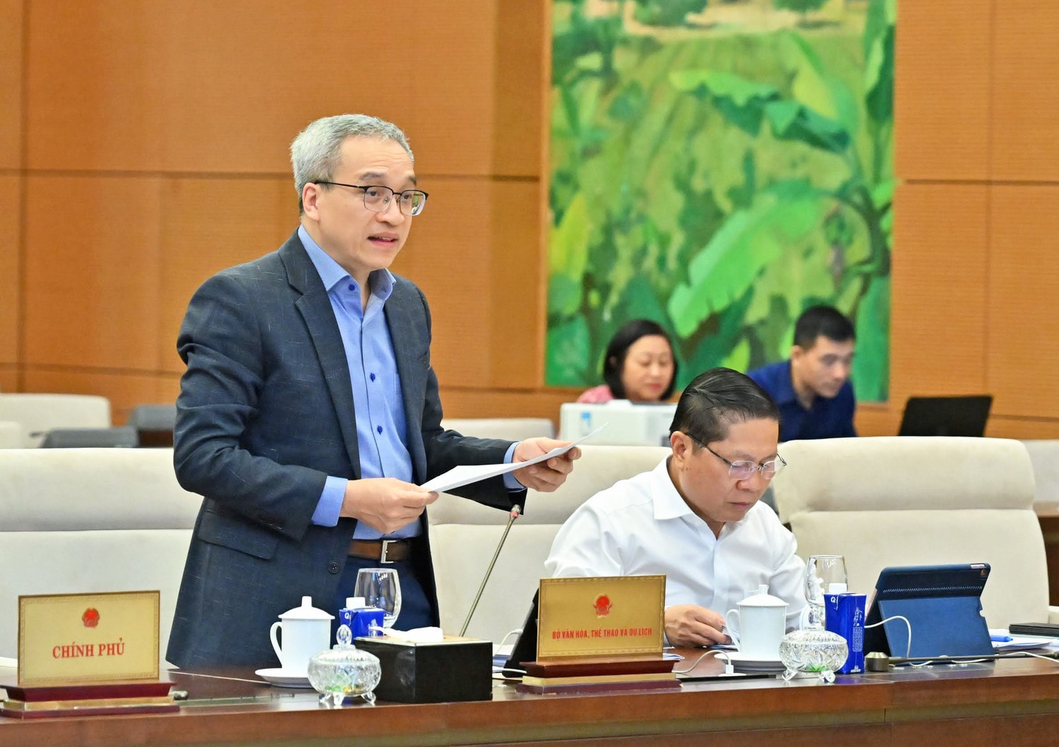 Thứ trưởng Bộ Văn hóa, Thể thao và Du lịch Phan Tâm trình bày Tờ trình dự thảo Nghị quyết của Quốc hội về đào tạo các ngành, nghề chuyên môn đặc thù trong lĩnh vực nghệ thuật. Ảnh: Quang Khánh