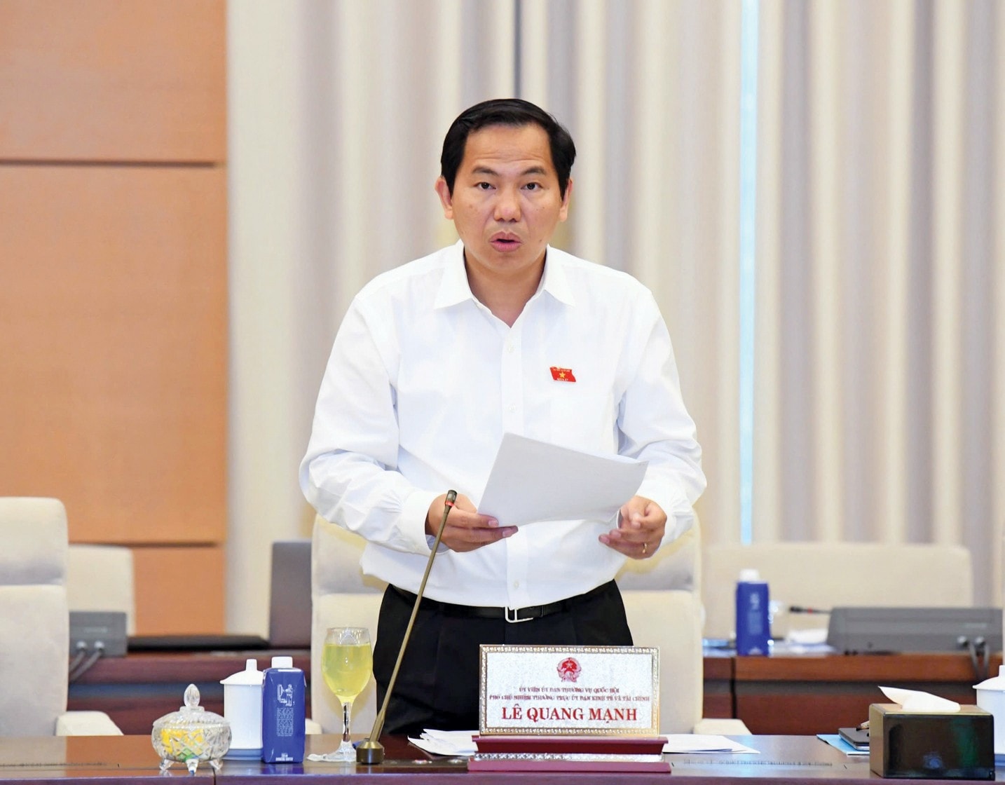 Phó Chủ nhiệm Thường trực Ủy ban Kinh tế và Tài chính Lê Quang Mạnh trình bày Báo cáo thẩm tra dự án Luật sửa đổi, bổ sung một số điều của 7 Luật. Ảnh: Lâm Hiển