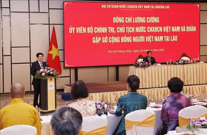 Chủ tịch nước Lương Cường phát biểu tại cuộc gặp. Ảnh: Lâm Khánh/TTXVN