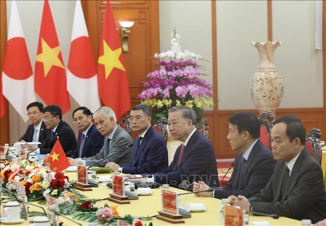 Tổng Bí thư Tô Lâm tại buổi tiếp Chủ tịch Đảng Dân chủ Tự do, Thủ tướng Nhật Bản Ishiba Shigeru. Ảnh: Thống Nhất/TTXVN