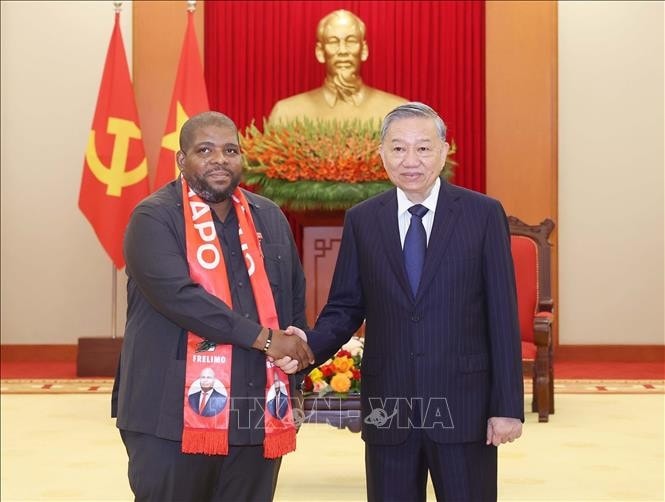 Tổng Bí thư Tô Lâm tiếp Tổng Thư ký Đảng Mặt trận giải phóng Mozambique (FRELIMO) Chakil Felizardo Aboobacar. Ảnh: Thống Nhất/TTXVN
