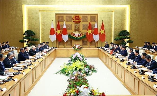 Thủ tướng Phạm Minh Chính hội đàm với Thủ tướng Nhật Bản Ishiba Shigeru. Ảnh: Dương Giang/TTXVN