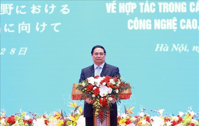 Thủ tướng Phạm Minh Chính phát biểu tại Diễn đàn doanh nghiệp Việt Nam - Nhật Bản. Ảnh: Dương Giang/TTXVN