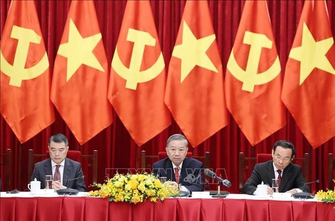 Tổng Bí thư Tô Lâm cùng các đồng chí Lãnh đạo Đảng chủ trì buổi tiếp. Ảnh: Thống Nhất/TTXVN
