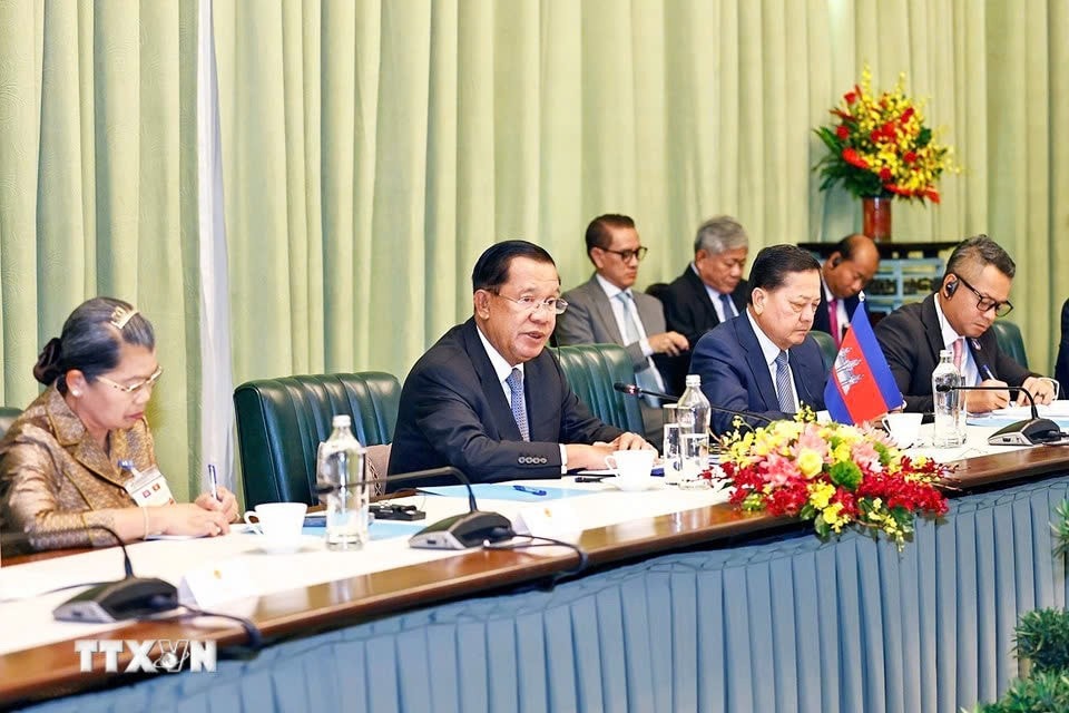 Chủ tịch Thượng viện Vương quốc Campuchia Samdech Techo Hun Sen phát biểu tại cuộc tiếp. Ảnh: Doãn Tấn - TTXVN