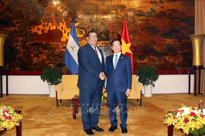 Phó Thủ tướng, Bộ trưởng Ngoại giao Bùi Thanh Sơn tiếp Bộ trưởng Ngoại giao Nicaragua Valdrack Jaentschke. Ảnh: Tiến Lực/TTXVN