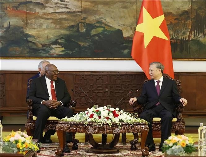 Tổng Bí thư Tô Lâm hội kiến Ủy viên Bộ Chính trị, Phó Chủ tịch nước Cộng hòa Cuba Salvador Valdes Mesa. Ảnh: Thống Nhất/TTXVN
