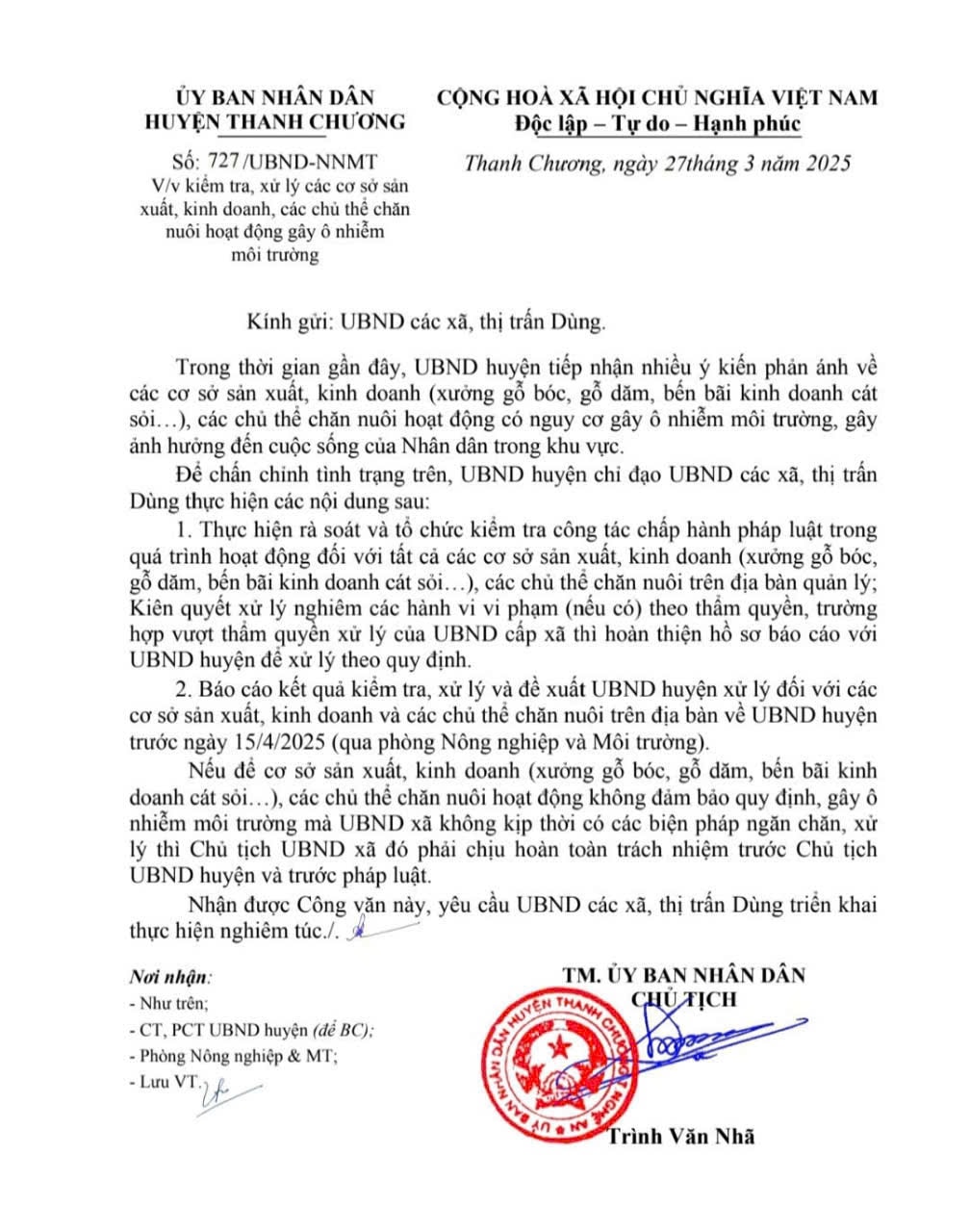 Công văn 727 kiểm tra, xử lý các cơ sở sản xuất, kinh doanh, các chủ thể chăn nuôi gây ô nhiễm môi trường của UBND huyện Thanh Chương