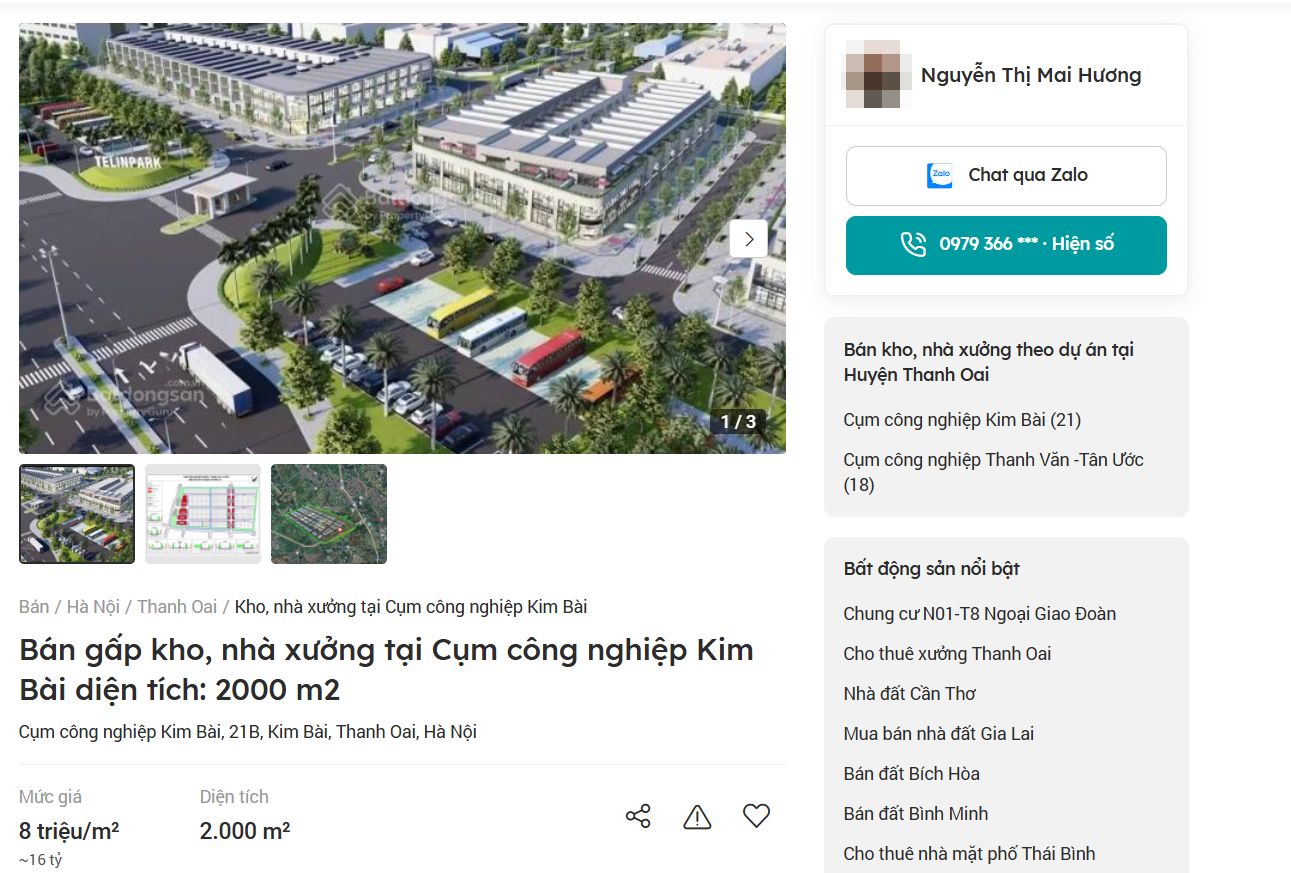 Một nội dung rao bán gấp kho, nhà xưởng tại Cụm công nghiệp Kim Bài (Thanh Oai, Hà Nội) trên website bất động sản
