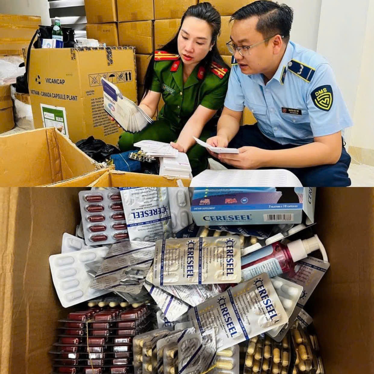 Lực lượng chức năng khám và thu giữ các loại tân dược giả trong vụ án. Ảnh: Công an Hà Nội