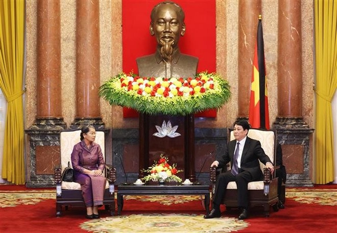 The meeting between State President Luong Cuong and Men Sam An, Vice President of the Cambodian People's Party, in Hanoi on May 25, 2025 (Photo: VNA)