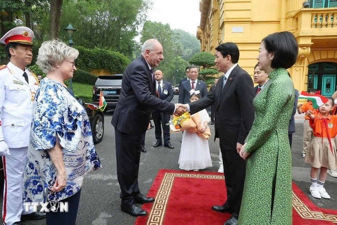 President Luong Cuong and spouse welcome Hungarian President Sulyok Tamas and spouse. (Photo: VNA) chu-tich-nuoc-luong-cuong-chu-tri-le-don-tong-thong-hungary-sulyok-tamas-8058946-2.jpg